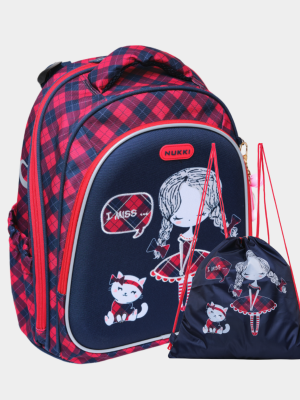 Школьный ранец NK22-4002-2 синий, красный девочка с кошкой STOCK